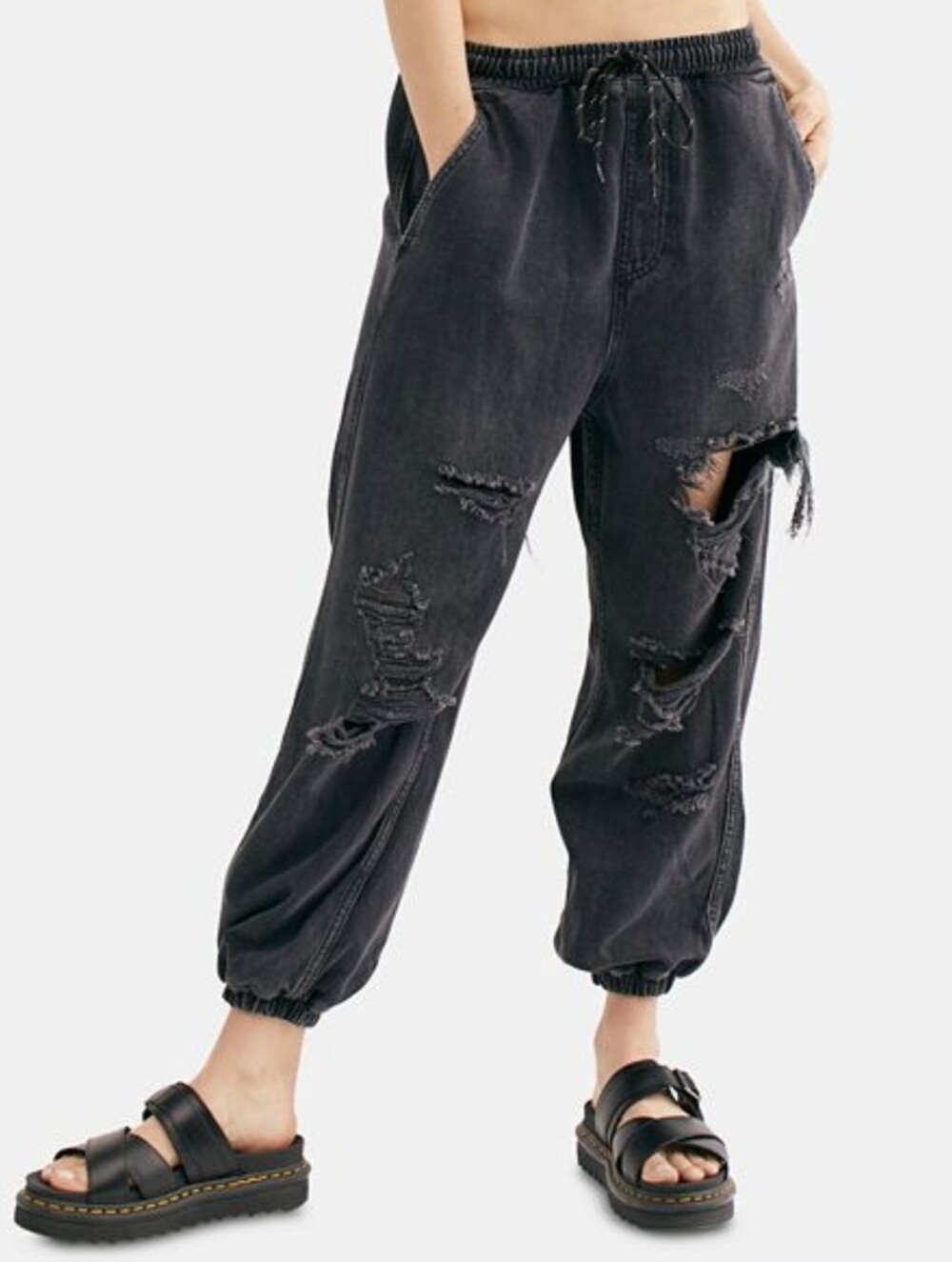 NWT 8th Of LA Black Distressed Jogger Boyfriend Jeans Pull-On Drawstring 3351-P